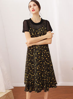 Stylish O-neck Short Sleeve Splicing Print Dress