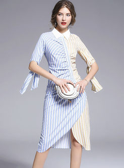 Color-blocked Lapel Striped Bowknot Bodycon Dress