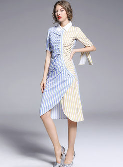 Color-blocked Lapel Striped Bowknot Bodycon Dress