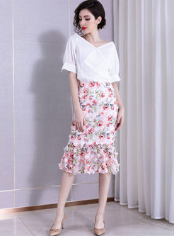 Brief Solid Color V-neck Top & Slim Print Skirt