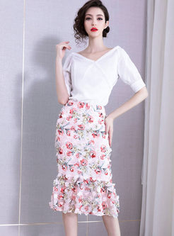 Brief Solid Color V-neck Top & Slim Print Skirt