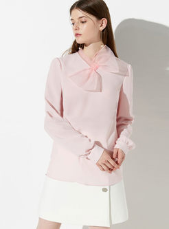 Sweet Solid Color Long Sleeve Bowknot Blouse