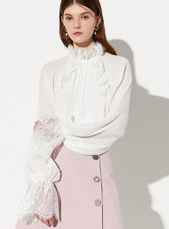 White Standing Color Lantern Sleeve Blouse