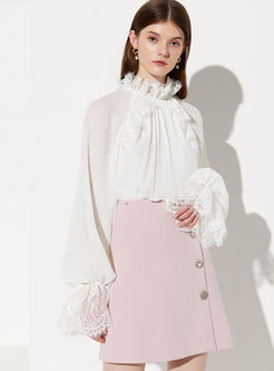 White Standing Color Lantern Sleeve Blouse