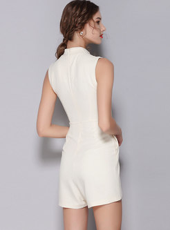 Elegant Stand Collar Sleeveless Pure Color Rompers