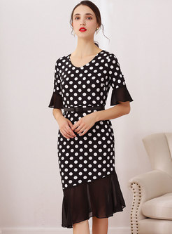 Asymmetric Polka Dot Splicing Bodycon Dress