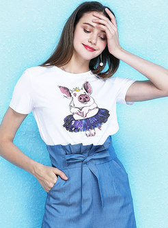 Stylish Sequined Animal Embroidered All-matched T-shirt