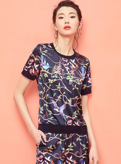 Fashion O-neck Short Sleeve Flowers Printed T-shirt
