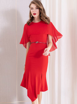Elegant O-neck Belted Slit Asymmetric Sheath Dress
