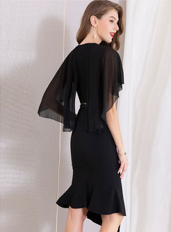 Elegant Bat Sleeve Belted Slit Asymmetric Sheath Dress