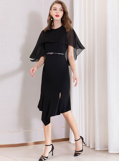 Elegant Bat Sleeve Belted Slit Asymmetric Sheath Dress