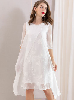 Chic Splicing Half Sleeve Embroidered Asymmetric Dress