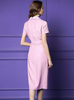 Elegant Lapel Pure Color Split Bodycon Dress