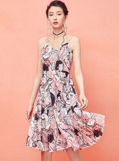 Fashion Color-blocked Print Chiffon Slip Dress