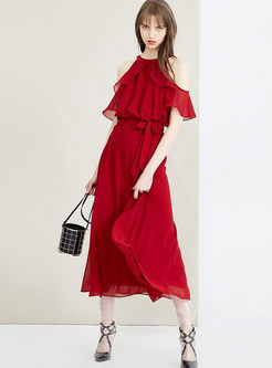 Wine Red Cold Shoulder Bowknot Maxi Dress