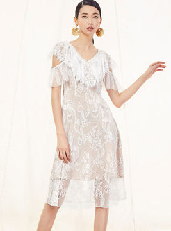 Fashion V-neck Lace Hollow Out A Line Dress