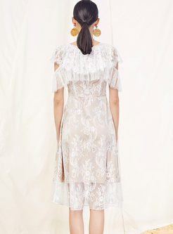 Fashion V-neck Lace Hollow Out A Line Dress