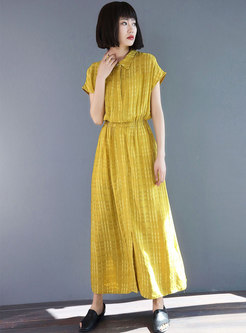 Solid Color Lapel Elastic Waist Slit Maxi Dress