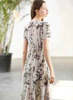 V-neck Short Sleeve Print Silk Skater Dress