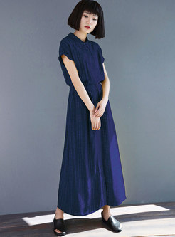 Casual Solid Color Lapel Elastic Waist Slit Maxi Dress