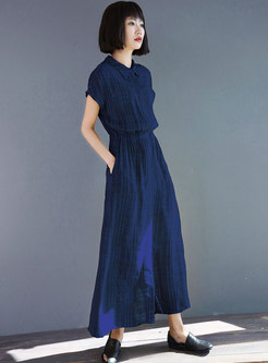 Casual Solid Color Lapel Elastic Waist Slit Maxi Dress