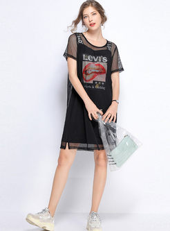 O-neck Short Sleeve Perspective Dress With Cami