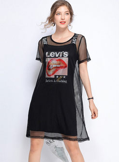 O-neck Short Sleeve Perspective Dress With Cami