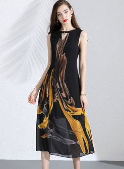 Print Sleeveless Hollow Out Tie-waist Skater Dress