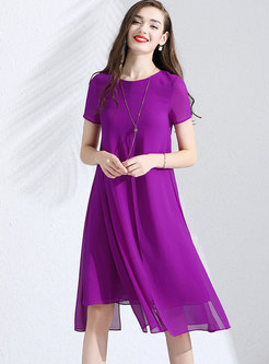 Pure Color O-neck Slit Asymmetric Loose Dress