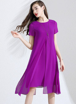 Pure Color O-neck Slit Asymmetric Loose Dress