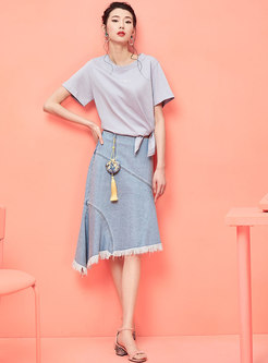 Trendy Denim High Waist Tassel Asymmetric Skirt