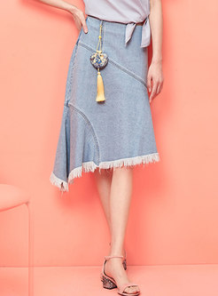 Trendy Denim High Waist Tassel Asymmetric Skirt
