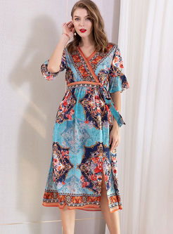 V-neck Flare Sleeve Silk Print Slit Dress