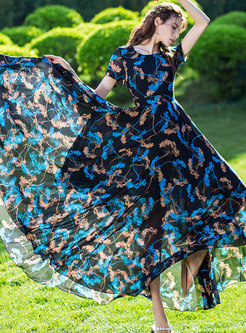 Stylish Print O-neck High Waisted Long Beach Dress