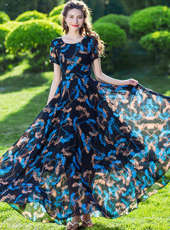Stylish Print O-neck High Waisted Long Beach Dress