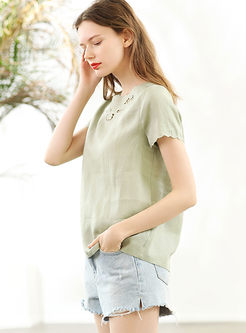 Casual Pure Color O-neck Hollow Out T-shirt