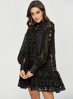 Chic Hollow Out Black Lace Beaded Shift Dress