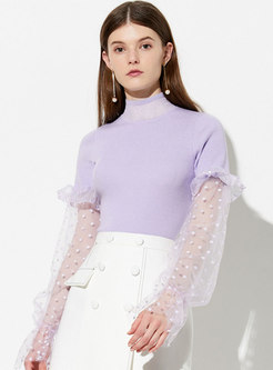 Turtle Neck Mesh Splicing Knitted Top