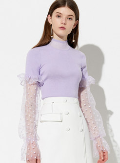 Turtle Neck Mesh Splicing Knitted Top