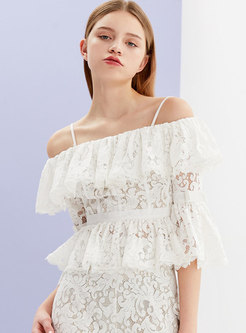 Hollow Out Lace Slash Neck Flare Sleeve Top