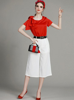Fashion Red Bowknot Off Shoulder Top & Pure Color Pants