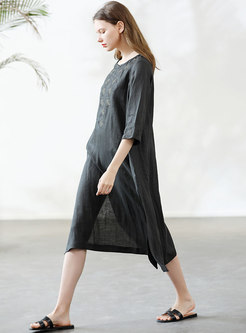 Casual Embroidered O-neck Linen Shift Dress