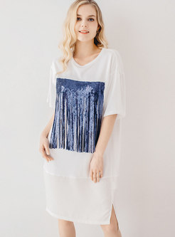 Casual O-neck Sequins Tassel T-shirt Dress