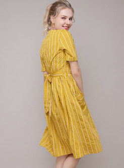 Striped O-neck High Waist Pocket Skater Dress
