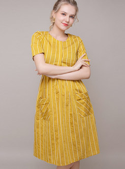 Striped O-neck High Waist Pocket Skater Dress