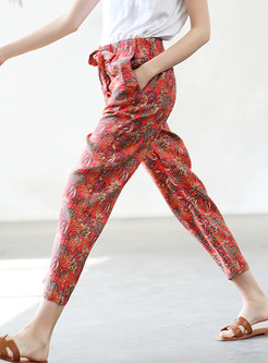 Multi-color Print Tied Linen Casual Straight Pants
