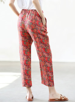 Multi-color Print Tied Linen Casual Straight Pants