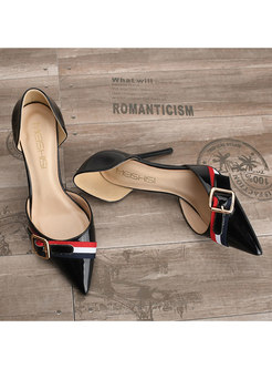 Color-blocked Pointed Toe Thin Heel Leather Shoes