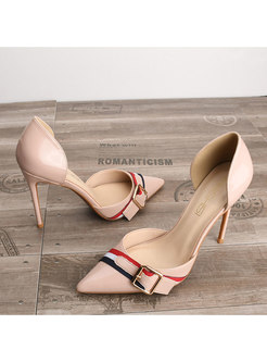 Color-blocked Pointed Toe Thin Heel Leather Shoes