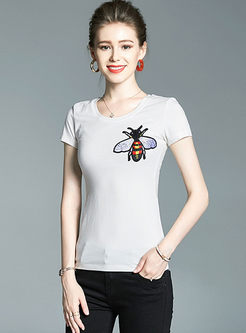 Fashion Brief Bee Print Slim Cotton T-shirt